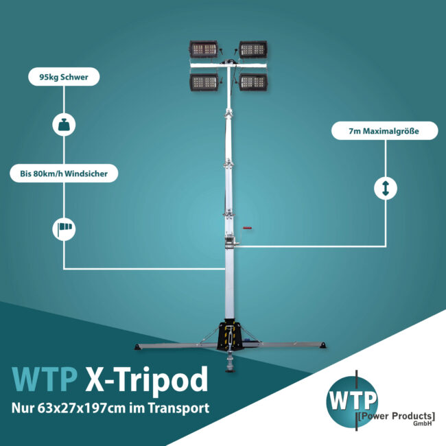 Mit einer beeindruckenden Beleuchtungsfläche von 2800 m², 4x160W LED-Lampen und einer Höhe von bis zu 5,5 Metern sorgt der WTP X-Tripod...