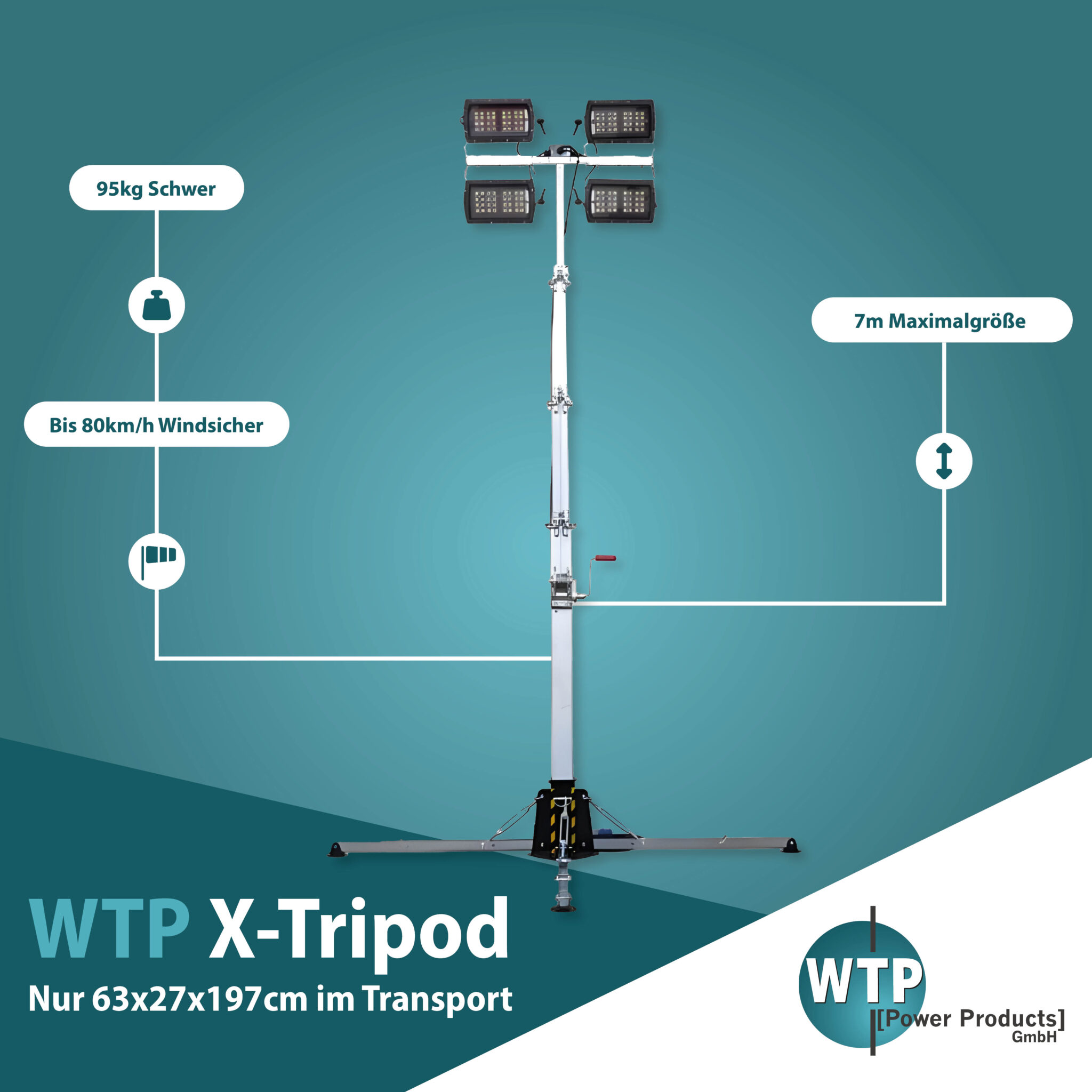Mit einer beeindruckenden Beleuchtungsfläche von 2800 m², 4x160W LED-Lampen und einer Höhe von bis zu 5,5 Metern sorgt der WTP X-Tripod...