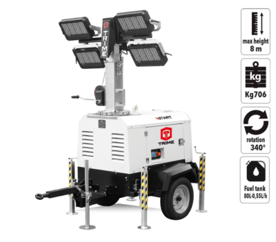 The Trime X-START lighting tower is powered by an economical diesel engine. Illumination is from; four 160w, four 320w, or six 160w energy-saving LED lamps. There is also the option to have four 1000w metal halide lamps. The Trime X-START is a no-frills, robust and versatile mobile tower light with an easy to operate hand winch 8-metre mast. The X-START lighting set is ready for illuminating construction sites, outside events, trackside, and in quarries. The X-START is also ideally suited for the hire and rental fleets.