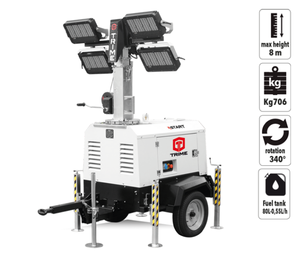 The Trime X-START lighting tower is powered by an economical diesel engine. Illumination is from; four 160w, four 320w, or six 160w energy-saving LED lamps. There is also the option to have four 1000w metal halide lamps. The Trime X-START is a no-frills, robust and versatile mobile tower light with an easy to operate hand winch 8-metre mast. The X-START lighting set is ready for illuminating construction sites, outside events, trackside, and in quarries. The X-START is also ideally suited for the hire and rental fleets.